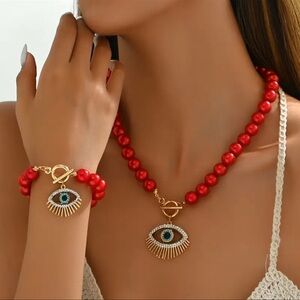 Elegant Beaded Necklace and Bracelet Set with Eye Pendant